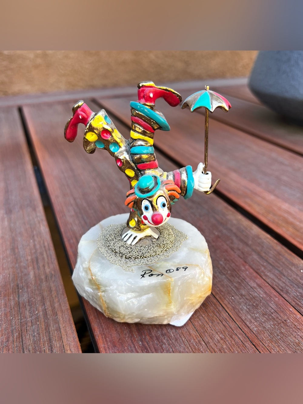 Vintage Ron Lee 1989 Clown Sculpture Handstand w/ Umbrella 24K Finish Onyx Base